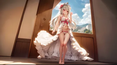 ((Best quality)), ((Masterpiece)), ((Ultra-detailed)), (illustration), (Detailed light), (An extremely delicate and beautiful), Dramatic perspective,A charming young girl,Lucif swimsuit