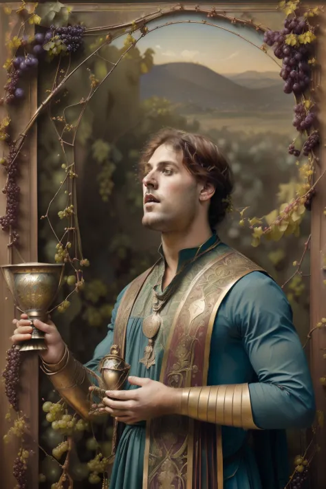 (((pre-raphaelite painting of a singing man while holding a bronze chalice under a vine full of grapes, roupa celta, boca aberta...