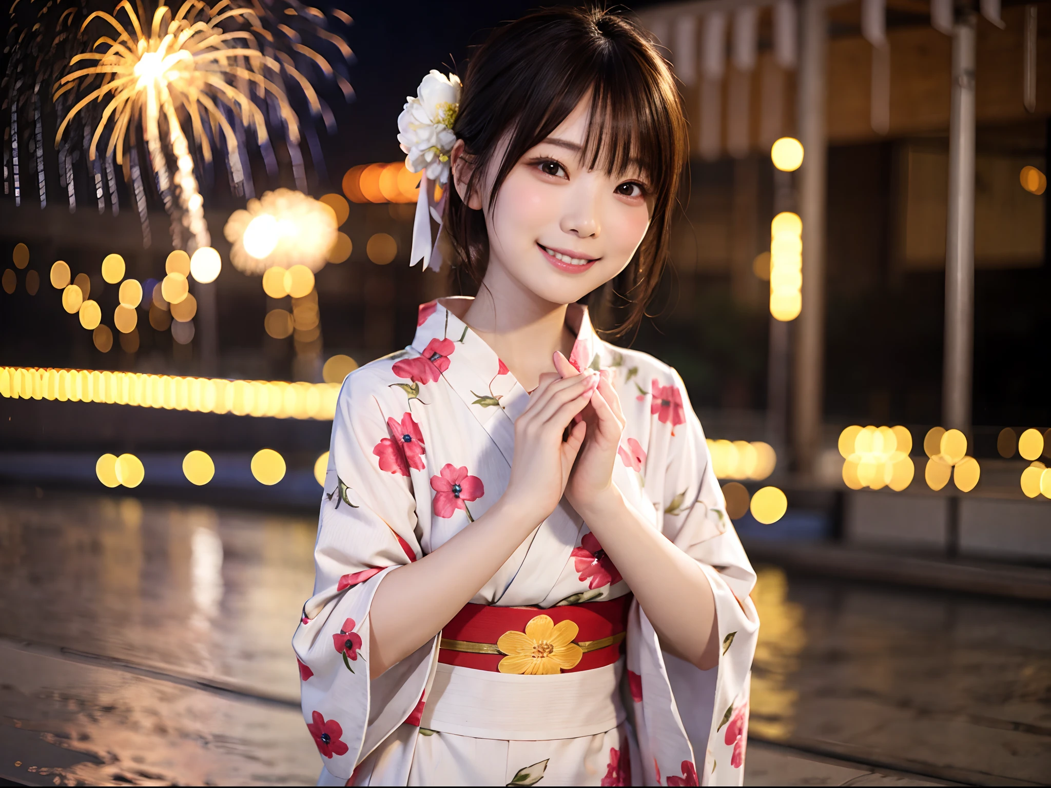 Wide shot of beautiful woman in yukata on mysterious fireworks display background: 1.5, unity 8k , highly accurate: 1.1。As a stylish snapshot、Beautiful woman smiling、Beautuful Women: 1.3、wide Shots: 1.2、Fireworks Display: 1.1、hposing Gravure Idol、Photograph the whole body、Japan girl wearing yukata、looking at the viewers、Pose with a smile(top-quality、​masterpiece)))、hight resolution、ighly detailed、​masterpiece、Movie Lighting、(8k、top-quality、​masterpiece:1.2)、(realisitic、Photorealsitic:1.37) Hi-Res、The ultra-detailed、1girl in 、asian human, cute little, cute  face, solo, Short hair 1.2, Textured skin, beautiful smiling face, Beautiful detailed sky, Movie Lighting, depth of fields, Lens flare light、Dating、(blush nose)、(A smile:1.15)、(Mouth closed)tiny chest、beautiful finely detailed eyes、Floating hair Nova frog style