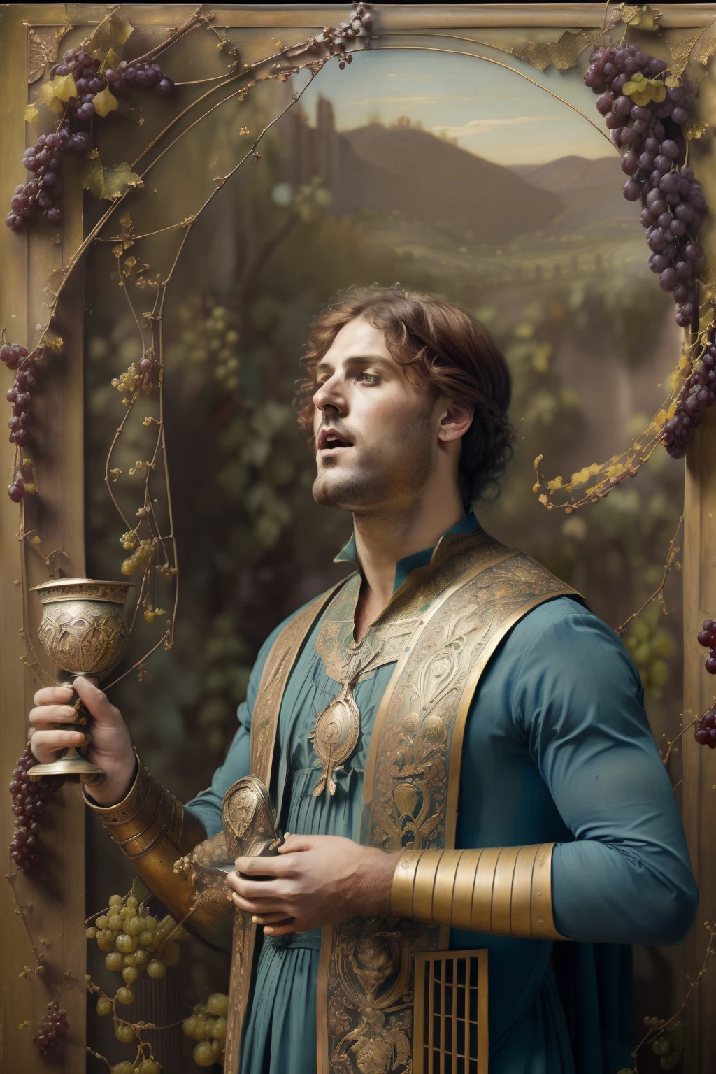 (((Pre-Raphaelite painting of a man singing while holding a bronze chalice under a vine full of grapes, roupa celta, boca aberta, is singing, Neck raised, paisagem celta, Hills)))