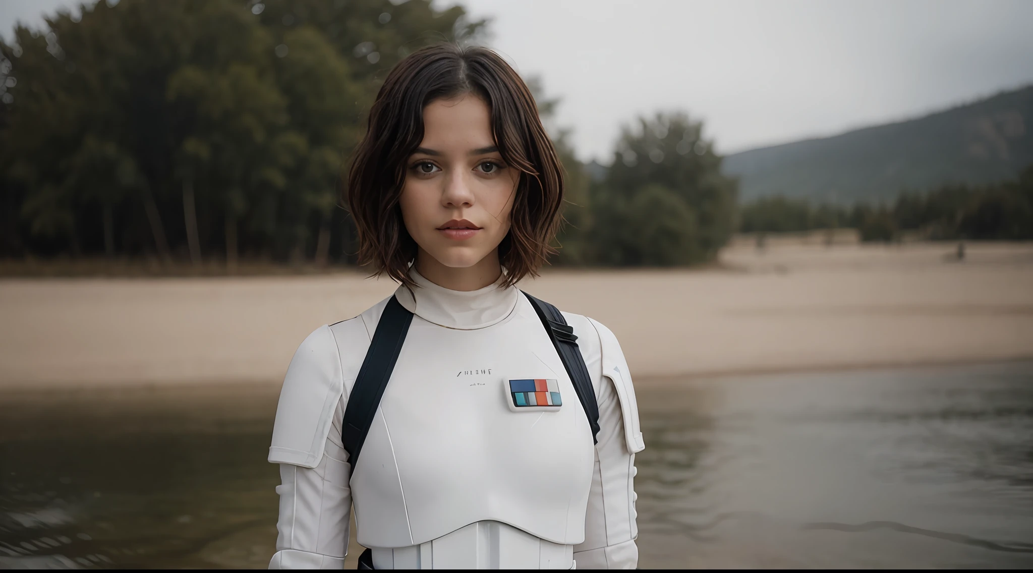 Foto de jortega posando con un uniforme de Stormtrooper de Star Wars desde la cintura hacia arriba, solo, blue eyes, corte de pelo bob inverso, piel brillante, piel mojada, disparo a la cabeza, ambiente cálido, fotografía, Sesión de fotos, Capturado por la cámara Panavision Panaflex Platinum con lente esférica Panavision Primo Primes de 75 mm T1.9