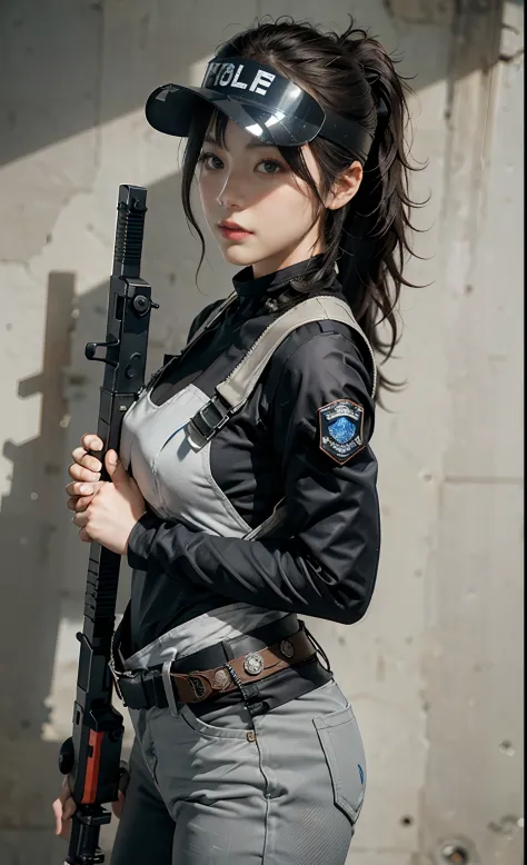 Highest image quality, outstanding details, ultra-high resolution, (realism: 1.4), (cowboy shot, from side front, looking at another), highly condensed 1girl, delicate and beautiful face, (chubby:0.75),  ((holding a gun at the ready)), ponytail, captain, (...