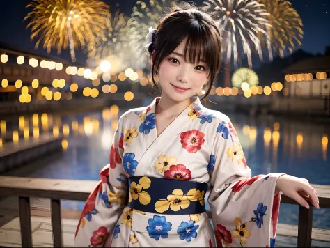Wide shot of beautiful woman in yukata on mysterious fireworks display background: 1.5, unity 8k , highly accurate: 1.1。As a sty...