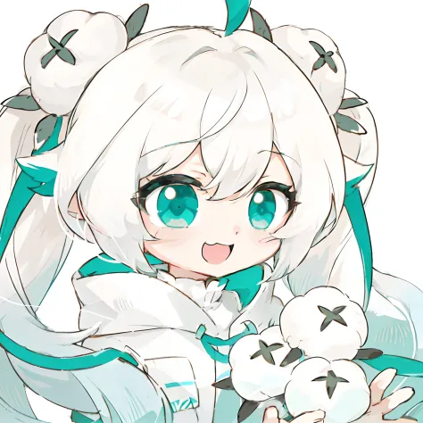 Anime girl holding plush toy with white hair and green eyes, white cyan, mikudayo, shirabii, by Puru, shikamimi, Os amigos, anim...