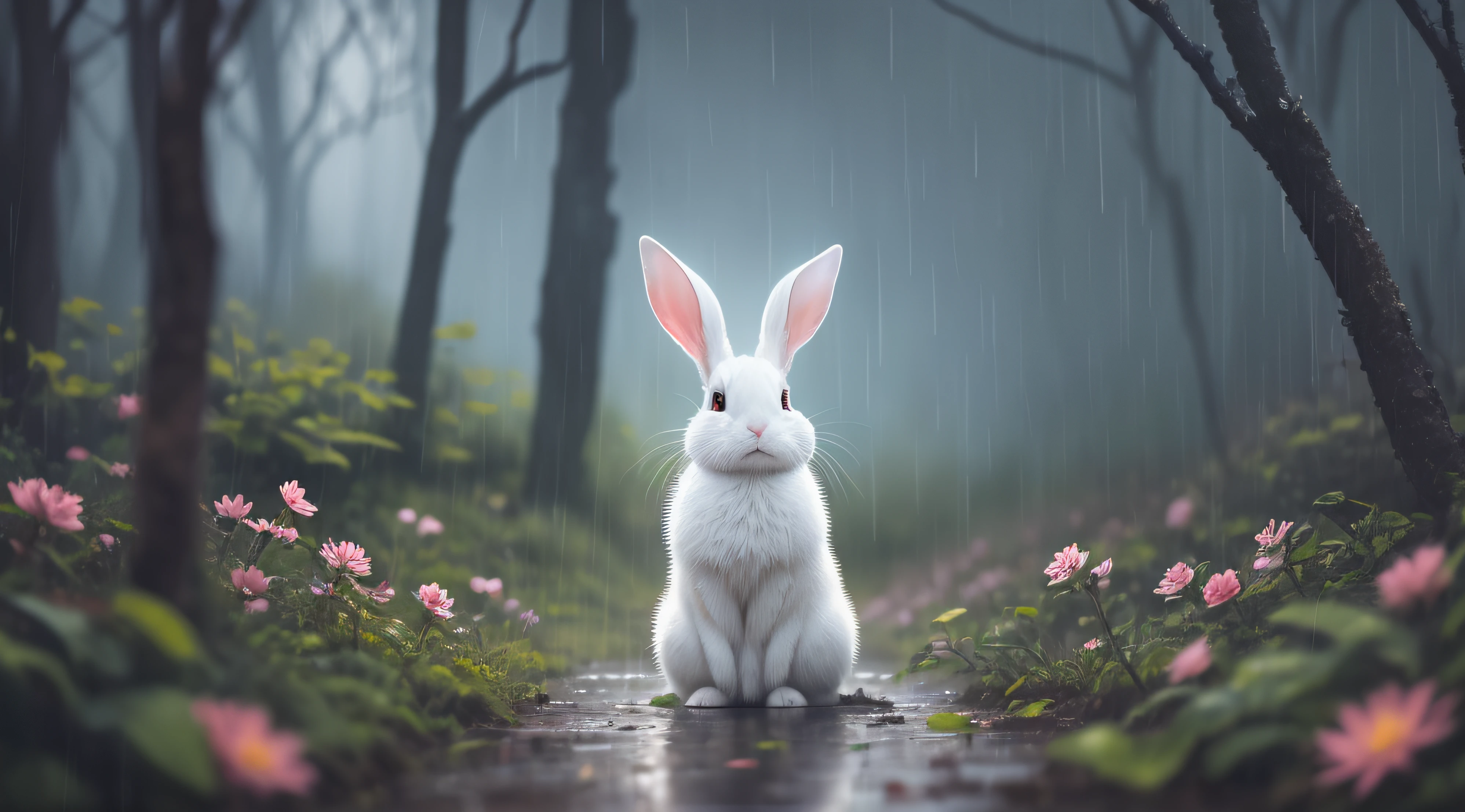 （дождь），дождь，Фотография крупным планом белого кролика в Зачарованном лесу.，глубокой ночью，В лесу，подсветка，светлячок，объемный туман，гало，цветет，драматическая атмосфера，в центре，правило третей，200 мм 1.Макро съемка 4F