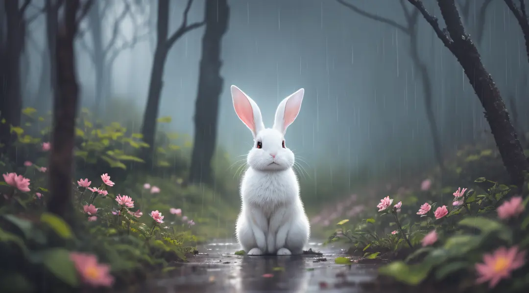 （Rained），rained，Close-up photo of a white rabbit in the Enchanted Forest，deep in the night，In the forest，Contre-Jour，glowworm，vo...