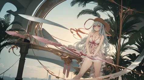 ((Best quality)), ((Masterpiece)), ((Ultra-detailed)), (illustration), (Detailed light), (An extremely delicate and beautiful), Dramatic perspective,A charming young girl,Pink swimsuit,(((Holding a large meniscus knife)))