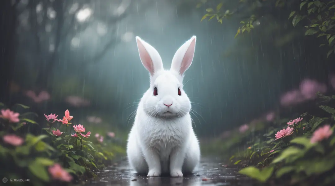 （Rained），rained，Close-up photo of a white rabbit in the Enchanted Forest，deep in the night，In the forest，Contre-Jour，glowworm，volume fog，Halo，blooms，Dramatic atmosphere，at centre，the rule of thirds，200 mm 1.4F macro shooting