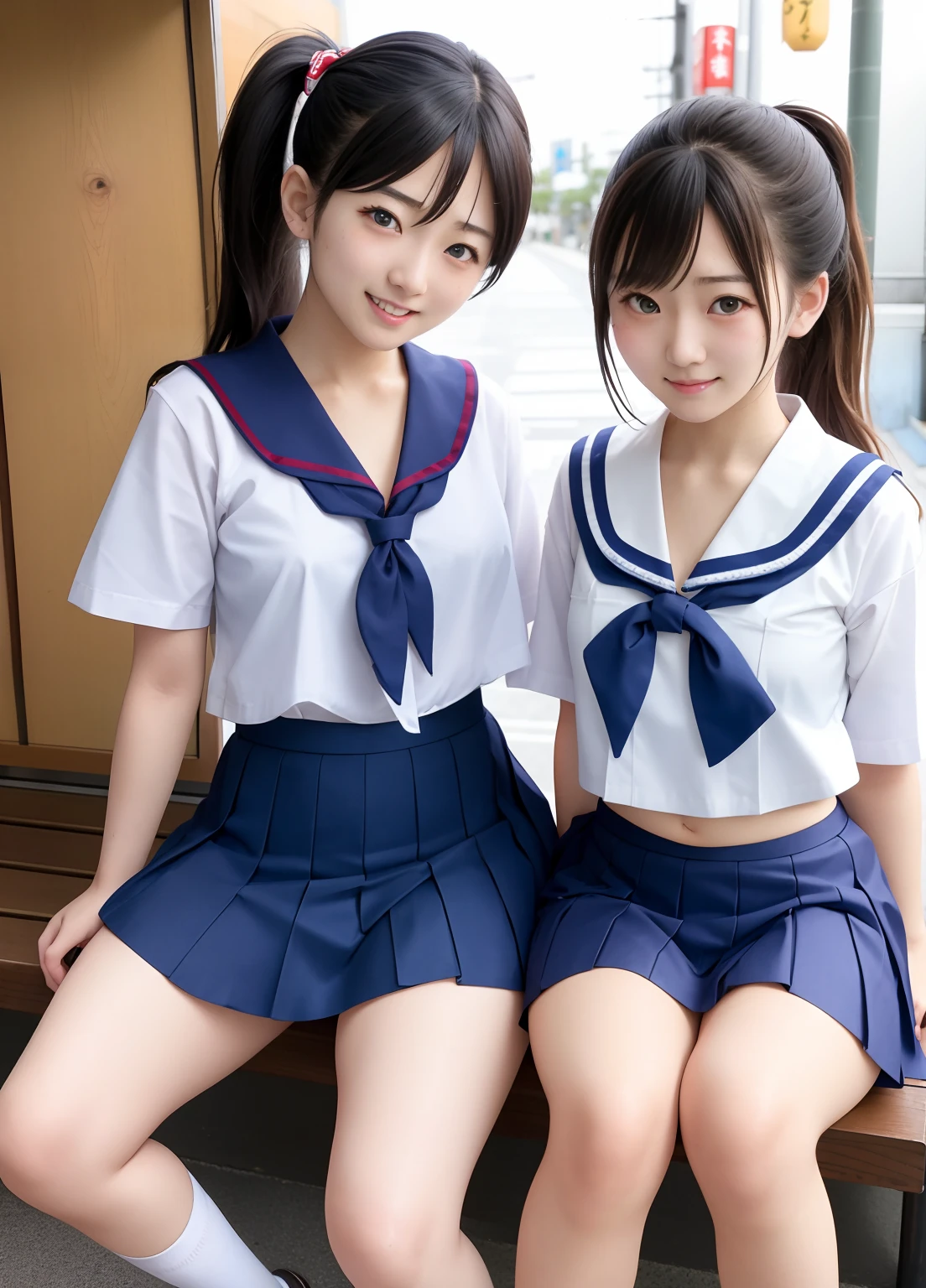 rialistic photo、Top image quality、Beautiful pictures、Schoolgirl in sailor suit、a miniskirt、Two women sitting on a shelf, two japanese schoolgirls posing, knees up、girls resting, Stand your feet、White shorts、beautiful flaxen ponytail、Beautiful facial features、Beautiful belly button、wearing japanese school uniform, Japan school uniform, in a tokyo street, uhd candid photo of dirty, ayami kojima and lyde caldwell, Two girls, sitting in tokyo, Cute Girls, japanese city street fashion