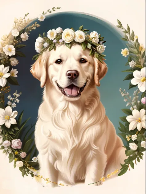 (top-quality:1.2)、(detaileds:1.2)、(​masterpiece:1.2)、High resolution white golden retriever with a flower crown by John Edwards(...
