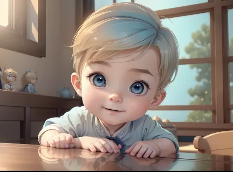 ​masterpiece, top-quality, 1other, ((male child)), Gamine, different color, finely eye and detailed face, intricate detailes, Wizarding World Costumes, Baby clothes, Inside the coffee shop, Playing with the chin on the table, A smile, Happiness, tenderness...