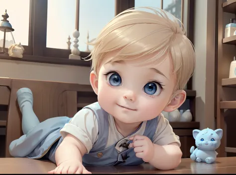 ​masterpiece, top-quality, 1other, ((male child)), Gamine, different color, finely eye and detailed face, intricate detailes, Wizarding World Costumes, Baby clothes, Inside the coffee shop, Playing with the chin on the table, A smile, Happiness, tenderness...