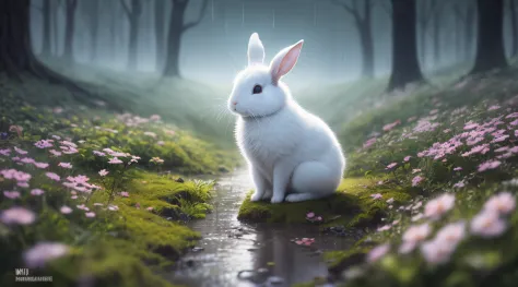 （Rained），rained，Close-up photo of a white rabbit in the Enchanted Forest，deep in the night，In the forest，Contre-Jour，glowworm，vo...