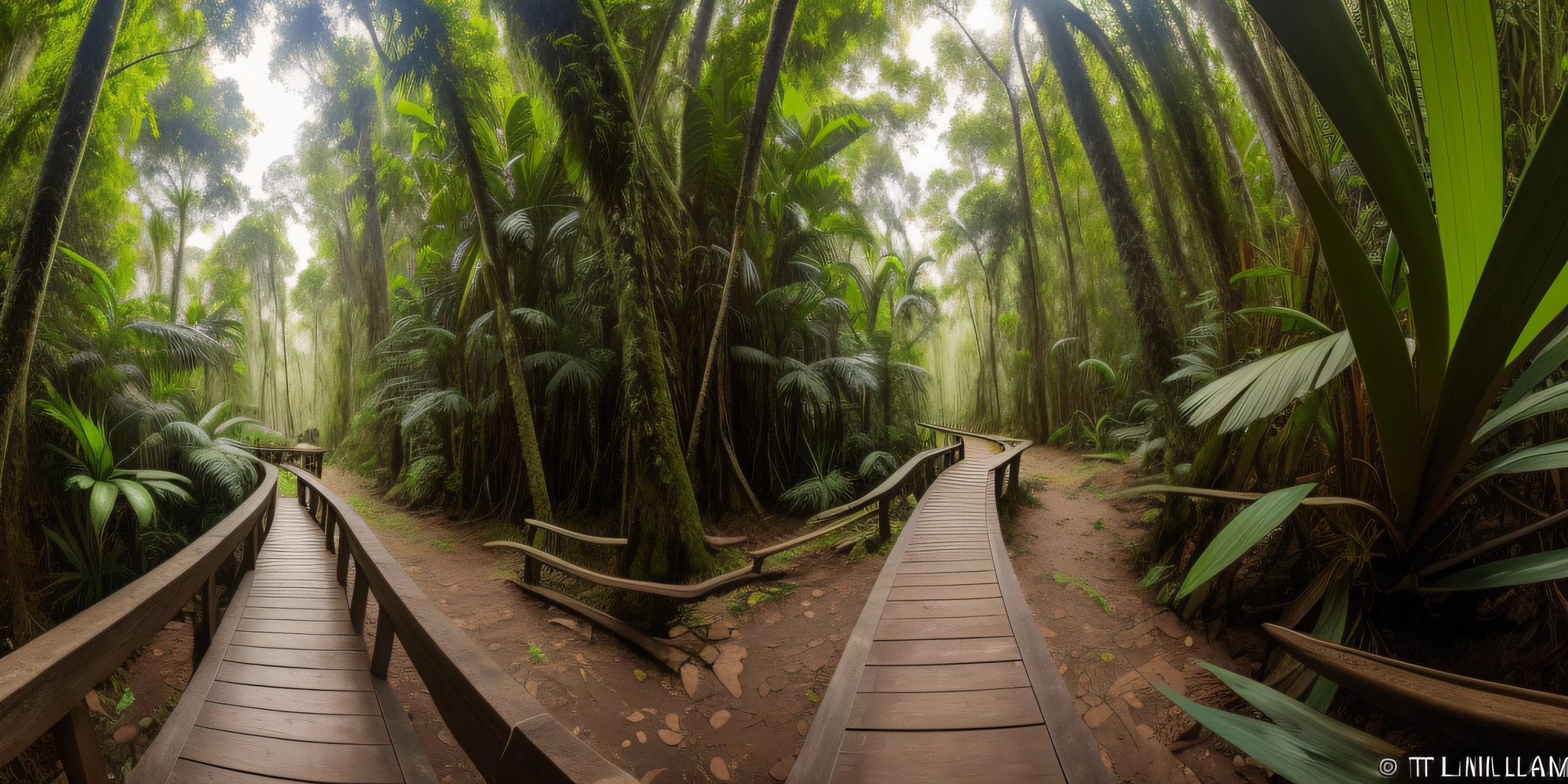 Imagen panorámica VR de 360°, lados (derecha e izquierda) de la imagen cosida perfectamente sin división, Sendero natural nativo en la selva amazónica, con varias bromelias, con troncos de árboles, con orquídeas, con un pequeño río al lado del sendero, ultra detallado , Realista , fotógrafo estilo Tim Laman.