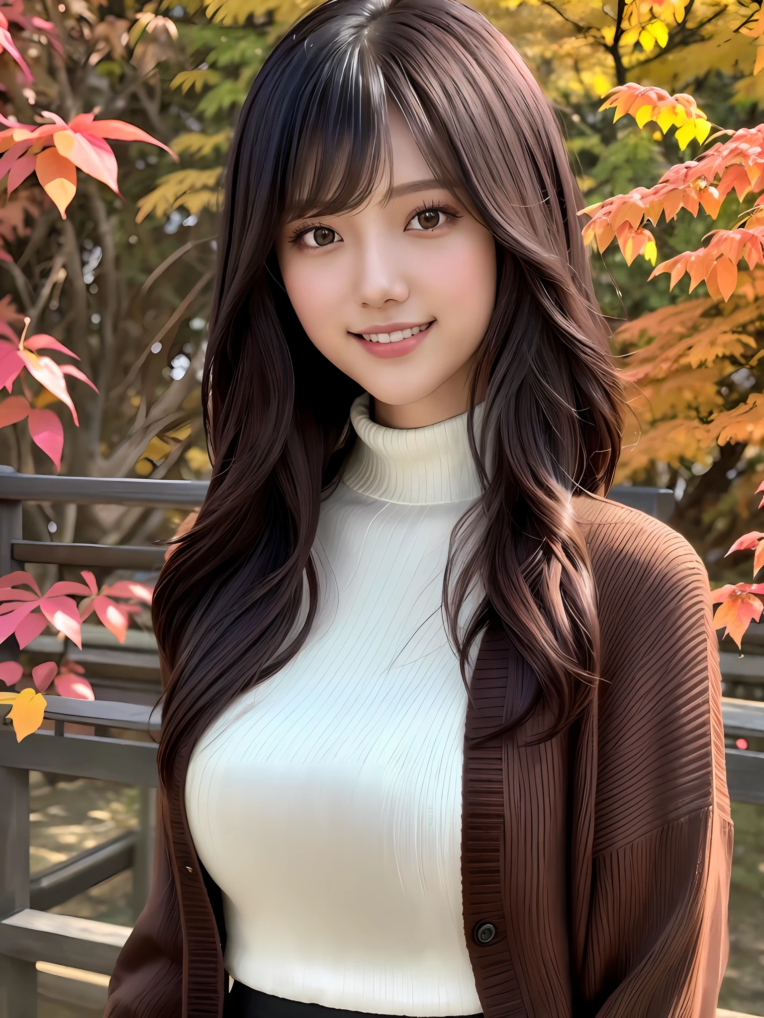 mât, 1 fille pour 1 photo, coup de visage, vue de face, une jeune jolie fille japonaise, cheveux longs, Feuilles d&#39;automne entourées de montagnes au Japon, Un grand sourire, Veste cardigan en tricot marron foncé Pull à col roulé noir, regarde la caméra, visage hyper mignon, lèvres brillantes, doubles paupières pour les deux yeux, maquillage naturel, cheveux châtain clair lisses et brillants，cheveux longs, frange asymétrique, peau bronzée, image centrale, Résolution 8k, détail élevé, coiffure détaillée, visage détaillé, éclairage cinématographique, rendu d&#39;octane, Ultra photo réaliste, Des membres parfaits, anatomie parfaite