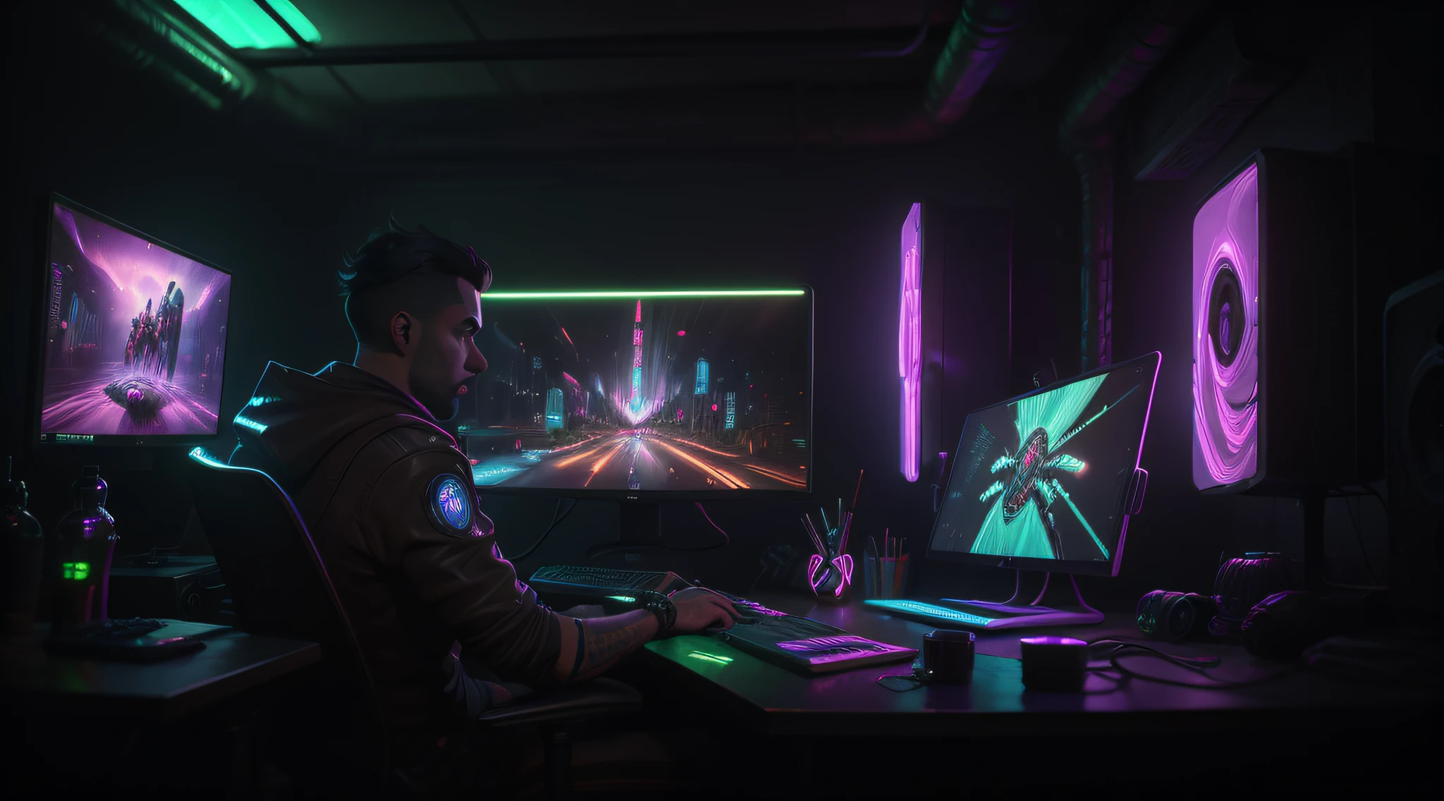 there is a man sitting at a desk with a computer, detailed 3d illustration, arte de jogos de computador, 3d digital illustration, Dan Mumford. 8K octane rendering, 2d illustration, 2d illustration, 2d digital illustration, digital concept art illustration, estilo de arte cyberpunk, cyberpunk setting, folhagem exuberante cyberpunk, cyberpunk na folhagem, Interior design for an office of futuristic Gamer environment, (holographic screens) and (floating chairs). The space is futuristic and cluttered with technical equipment and tools scattered around. Colorful neon lights add to the cyberpunk vibe. a dimly lit computer lab with lots of monitors and a keyboard, cyberpunk setting, Cyber punk configuration, cyber neon lighting, cyber space, cyberpunk with neon lighting, luzes cyber neon, in a cyberpunk themed room, interior cyberpunk, Gamer screen on metal table, cyber aesthetic, Cybernetic style, computador sci-fi, cyber background, cyber installation, console e computador. The man is looking at the 3 computer screens super focused