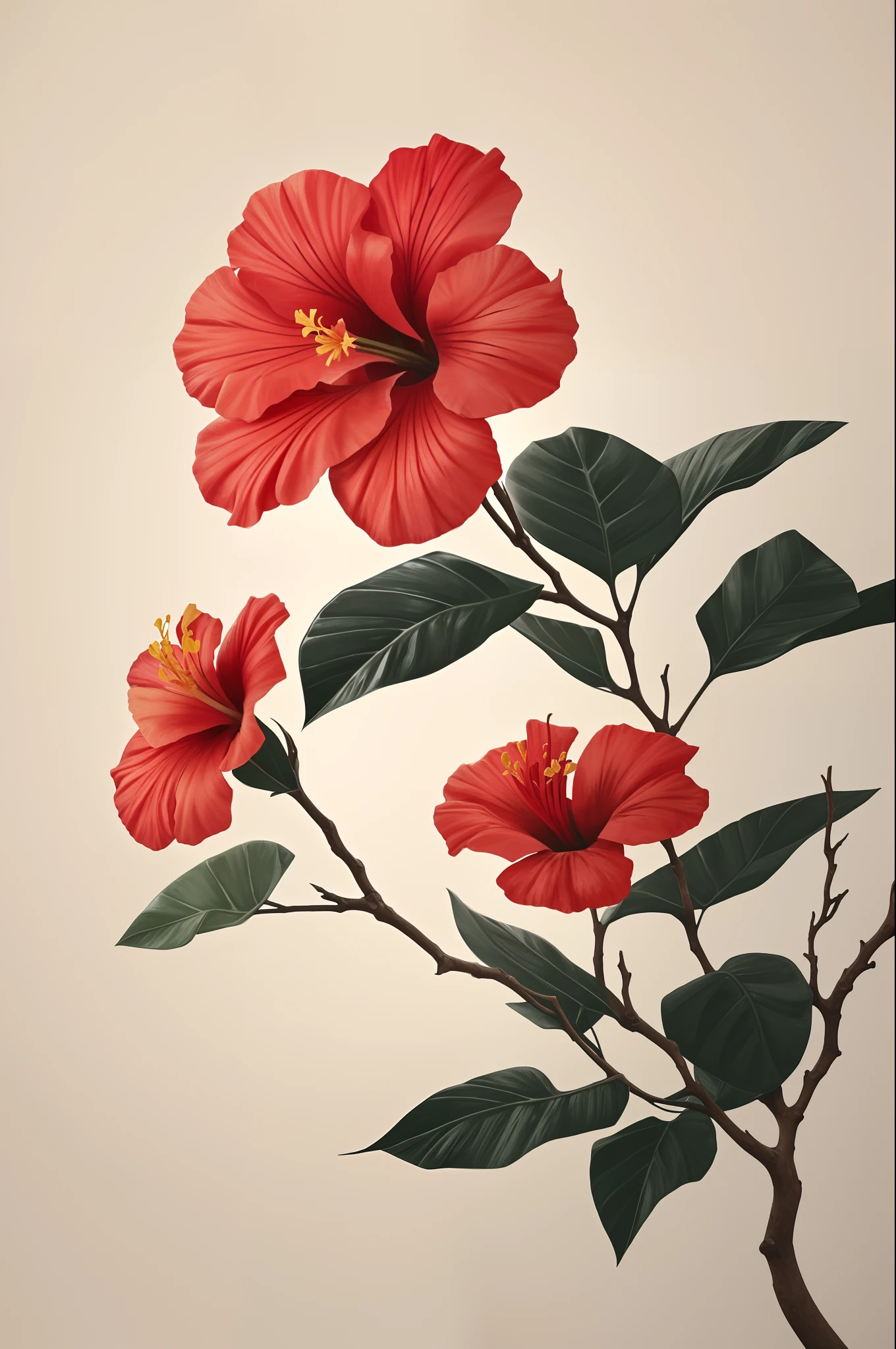 hibiscus flower blooming on a gnarled branch against a grey background, simple background, in the style of light orange and light beige, minimalist images, photography installations, paleocore, green and crimson, hyper-realistic, poetic intimacy