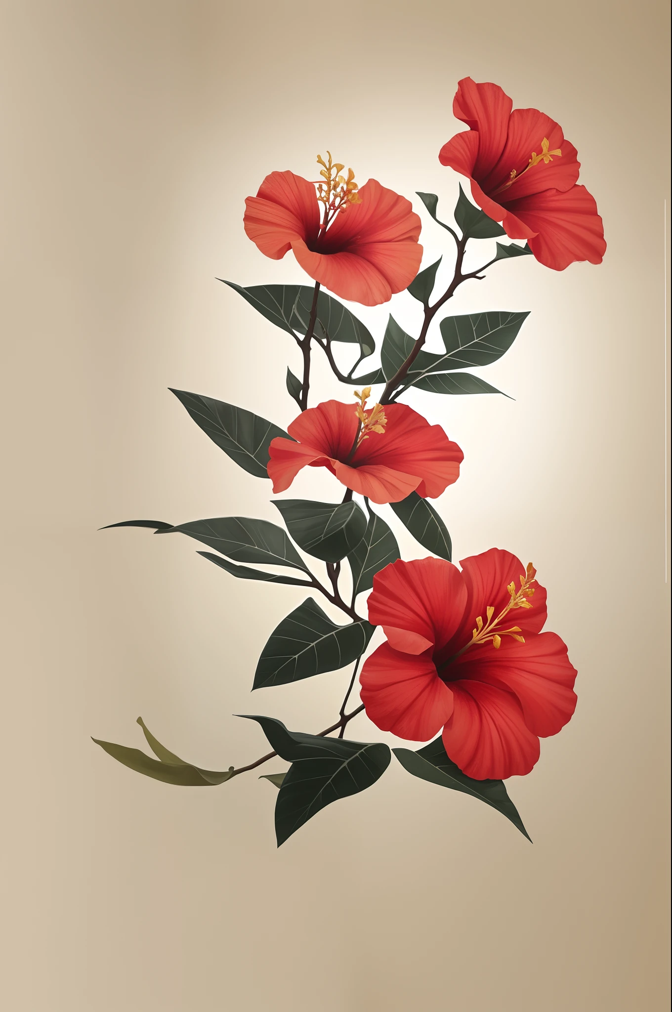 Hibiskusblüte blüht auf einem knorrigen Ast vor grauem Hintergrund, Einfacher Hintergrund, im Stil von Hellorange und Hellbeige, minimalist images, Fotografie-Installationen, Paläocore, grün und purpur, Hyperrealistisch, poetische Intimität