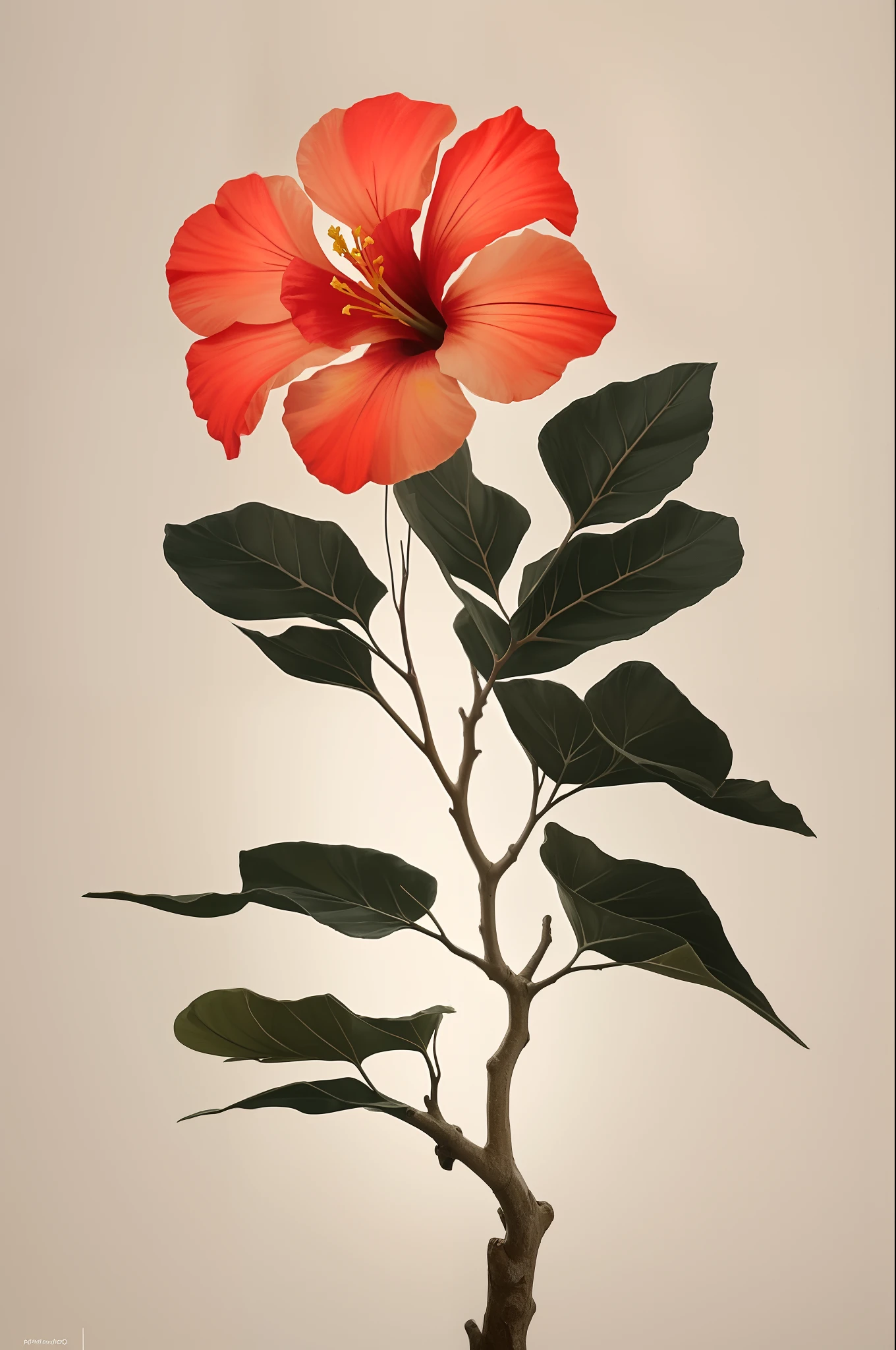 flor de hibisco florescendo em um galho retorcido contra um fundo cinza, fundo simples, no estilo laranja claro e bege claro, imagens minimalistas, instalações fotográficas, paleocore, verde e carmesim, hiper-realista, intimidade poética