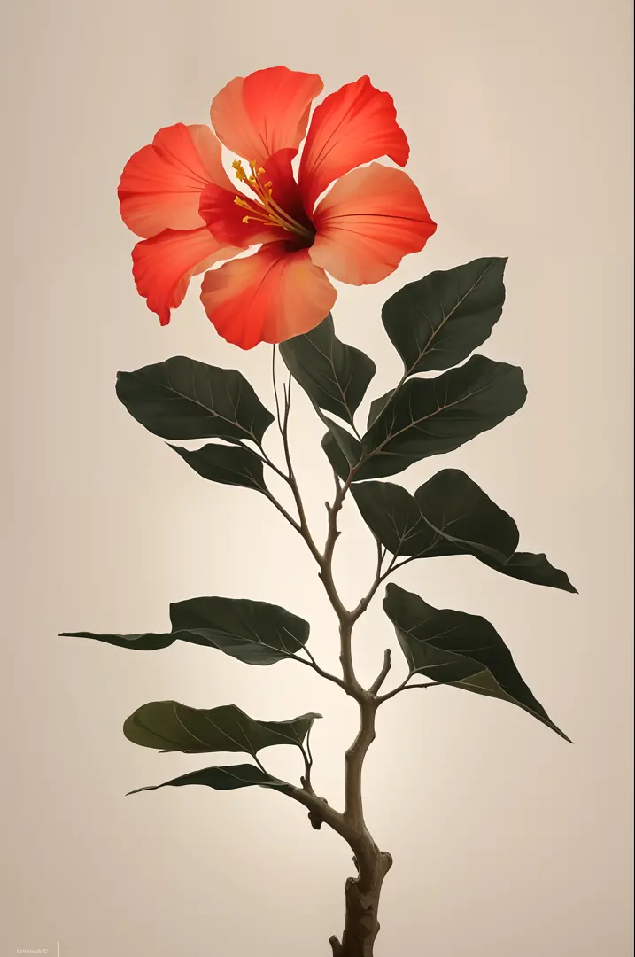 hibiscus flower blooming on a gnarled branch against a grey background, simple background, in the style of light orange and ligh...