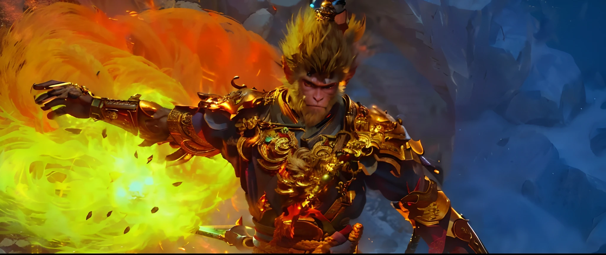 Anthropomorphic male monkey man with golden hoop stick in his hand, Sun Wukong, Wukong, fighting Buddha, normal hands, flame clouds under his feet, fire eyes golden eyes bright and brave, very beautiful anthropomorphic monkey, Guan Yu, inspired by Huang Shen, inspired by Hu Zaobin, inspired by Yang Jin, legendary god holding a spear, by Yang J, Bian Lian, Sun Wukong, inspired by Li Kan, Cheng Wei Pan on Artstation