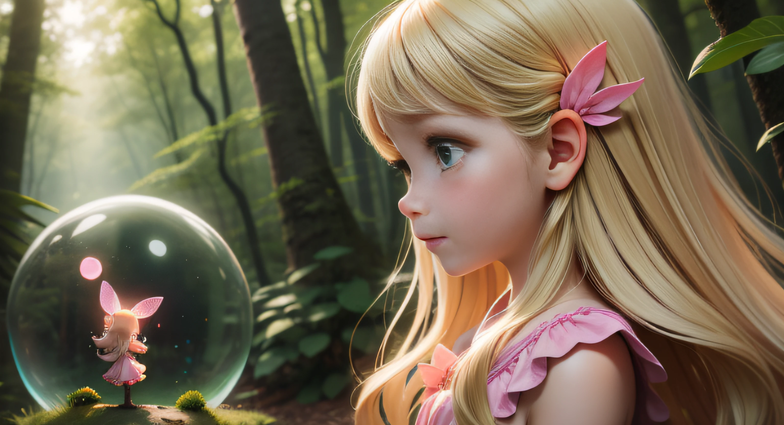 "Маленькая человеческая девочка, 6 лет, длинные светлые волосы, красивые зеленые глаза, Простое розовое платье, в профиль зрителю, смотрю на яркую фею, зачарованный лес на заднем плане, маленькие плавающие светящиеся сферы."
