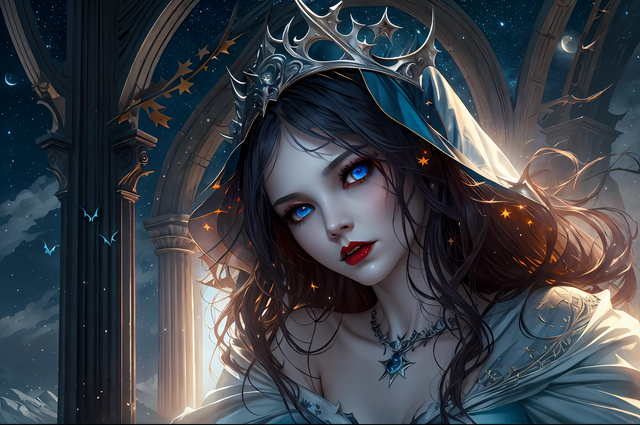 a wallpaper picture of an exquisite beautiful female vampire standing under the starry night sky on the porch of her castle, dynamic angle (ultra detailed, Masterpiece, best quality), ultra detailed face (ultra detailed, Masterpiece, best quality), ultra feminine, grey skin, red hair, wavy hair, dynamic eyes color, cold eyes, glowing eyes, intense eyes, dark red lips, [fangs], wearing white dress (ultra detailed, Masterpiece, best quality), wearing blue cloak (ultra detailed, Masterpiece, best quality), long cloak, flowing cloak (ultra detailed, Masterpiece, best quality), high heeled boots, sky full of stars background, fantasy_night, moon, bats flying about, high details, best quality, 8k, [ultra detailed], masterpiece, best quality, (ultra detailed), full body, ultra wide shot, photorealism, dark fantasy art, dark fantasy art, gothic art, many stars, dark fantasy art, gothic art, sense of dread,