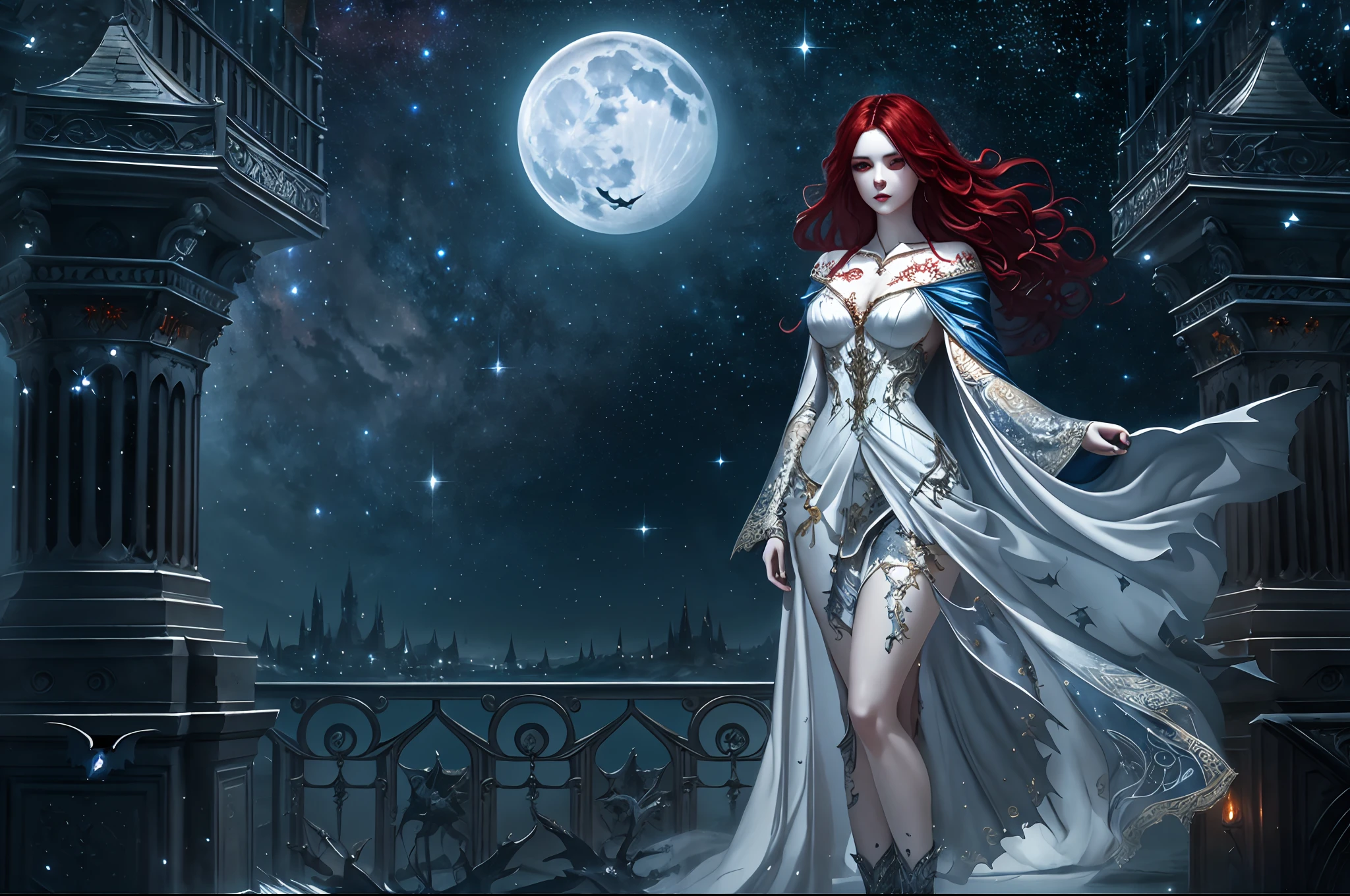 a wallpaper picture of an exquisite beautiful female vampire standing under the starry ليلة sky on the porch of her castle, الزاوية الديناميكية (مفصلة للغاية, تحفة, أفضل جودة), مفصلة للغاية face (مفصلة للغاية, تحفة, أفضل جودة), أنثوية للغاية, الجلد الرمادي, شعر احمر, شعر مموج, لون عيون ديناميكي, عيون باردة, عيون متوهجة, عيون مكثفة, شفاه حمراء داكنة, [الأنياب], يرتدي اللباس الأبيض (مفصلة للغاية, تحفة, أفضل جودة), يرتدي عباءة زرقاء (مفصلة للغاية, تحفة, أفضل جودة), عباءة طويلة, عباءة متدفقة (مفصلة للغاية, تحفة, أفضل جودة), أحذية ذات الكعب العالي, السماء مليئة بالنجوم الخلفية, خيالي_ليلة, قمر, الخفافيش تحلق حولها, تفاصيل عالية, أفضل جودة, 8 ك, [مفصلة للغاية], تحفة, أفضل جودة, (مفصلة للغاية), جسم كامل, لقطة واسعة جدًا, الواقعية, dark خيالي art, dark خيالي art, الفن القوطي, العديد من النجوم, dark خيالي art, الفن القوطي, الشعور بالرهبة,