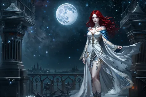 a wallpaper picture of an exquisite beautiful female vampire standing under the starry night sky on the porch of her castle, dyn...