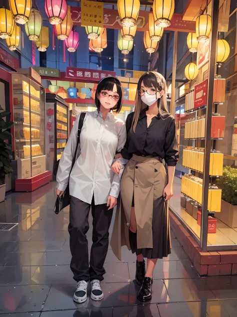 Two girls，wears glasses，Wear a long skirt，wearing face mask，Clear eyes，Inky long dress，Clean face，show the grinps