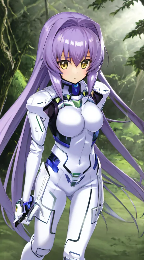 8k anime art of Girl Muv-Luv's Fortified Suit, featuring a white bodysuit, astrounaut design, with intricate armor, set in a lus...