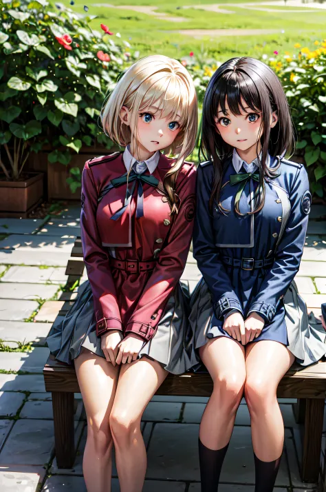 2 girl sit on a wooden bench in the middle of flower garden