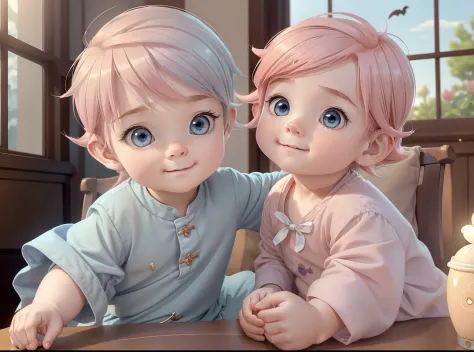 ​masterpiece, top-quality, 1other, ((Male child)), Gamine, different color, finely eye and detailed face, intricate detailes, Wizarding World Costumes, Baby clothes, Inside the coffee shop, Play with the chin of the table, A smile, Happiness, tenderness, y...
