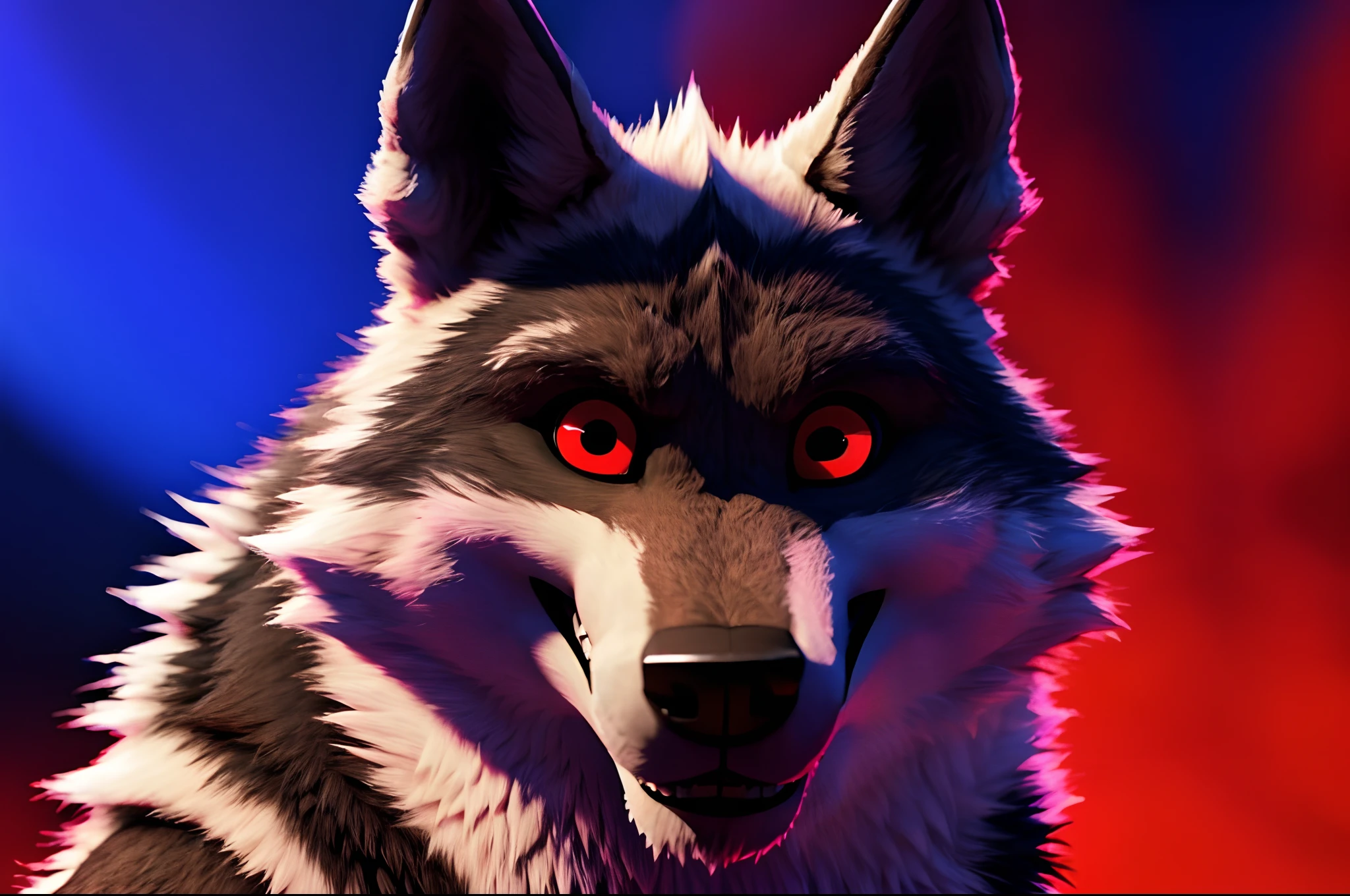 "Photo de couverture sur Facebook: Loup mortel aux yeux rouges fascinants. 3D ULTRA HD 8K."