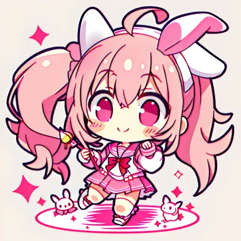 tchibi，1girll，Animal ear，Pink hair，Rabbit，Mouth open，Smile，Rabbit ears，bow，Solo，White background，a sailor suit，short  skirt，Walls，Pink eyes，full bodyesbian，simplebackground，Puffy sleeves，White shoes，shoes，athletic sneakers，Blush，argyle，Star Talisman，holdin...