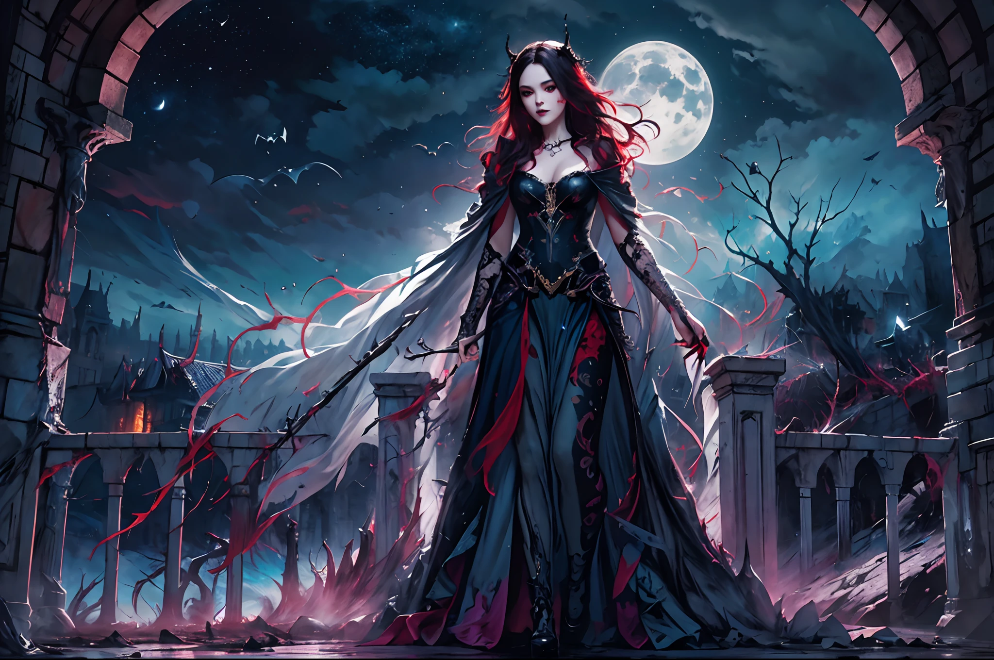 a picture of an exquisite beautiful female vampire standing under the starry ночь sky on the porch of her castle, динамический угол (Ультрадетализированный, шедевр, Лучшее качество), Ультрадетализированный face (лучший подробный, шедевр, Лучшее качество: 1.4), ультра женственный, серая кожа, красные волосы, волнистые волосы, динамичный цвет глаз, холодные глаза, блестящие глаза, напряженные глаза, темно-красные губы, [клыки], в белом платье (детальный бит, шедевр, Лучшее качество: 1.5), носить синий плащ (лучший подробный, шедевр, Лучшее качество), длинный плащ, струящийся плащ (лучший подробный, шедевр, Лучшее качество), сапоги на высоком каблуке, небо полное звезд фон, Фантазия_ночь, Луна, летучие мыши летают, высокая детализация, Лучшее качество, 8К, [Ультрадетализированный], шедевр, Лучшее качество, (Ультрадетализированный), все тело, ультра широкий план, фотореализм, dark Фантазия art, dark Фантазия art, готическое искусство, много звезд, dark Фантазия art, готическое искусство, чувство страха,