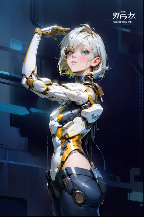 High Quality, Ultra High Resolution, Ultra Realistic, Super Detailed, Robot, Humanoid, Slim, beautiful, blue eyes, 1girl, yellow...