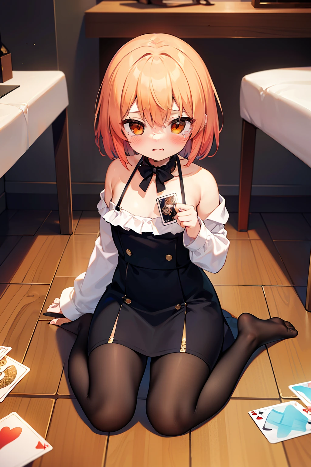 masterpiece, best quality, 1girl, solo, orange hair, short hair, shoulder-length hair, straight hair, orange eyes, round eyes, black picnic dress, long sleeves, frilled, ((holding a trump card)), in the room, sitting on the chair, a table, with tears around one's eyes, sad, (((with many trump cards on the floor))), dark, many mirrors, broken mirrors, ((detail face))