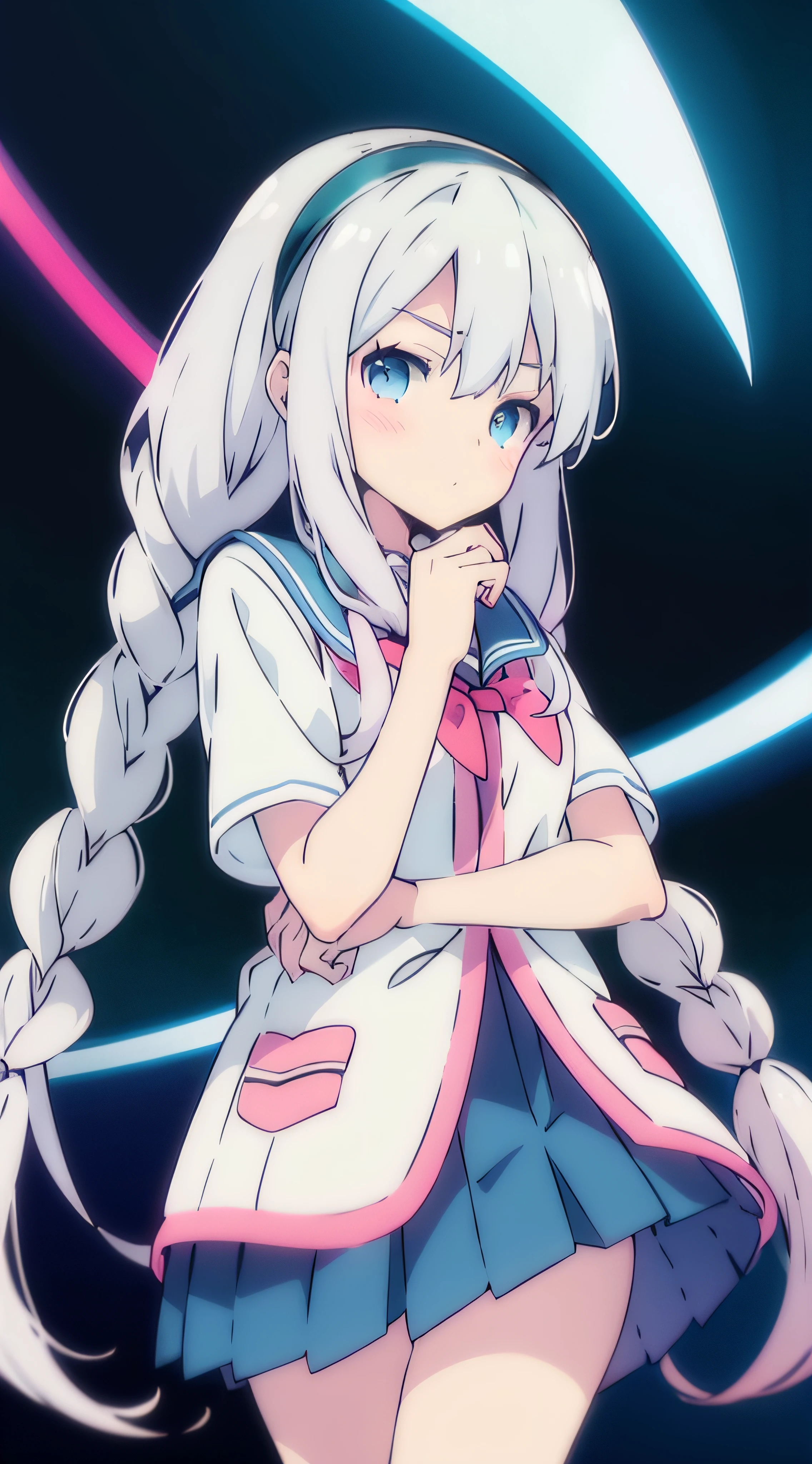 anime girl, alone, white hair, headband on hair, braids, dressed as schoolgirl, pleated skirt, tsundere, shaded background, colorful, magical