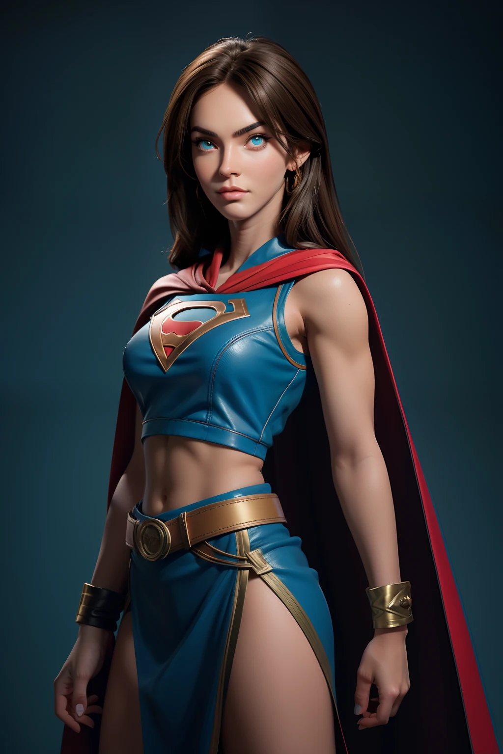 beautiful female superhero. light brown hair, tanned skin  blue/green eyes wears a sleeveless blue and red midriff top with an opening on the front , wears a blue cape. wears long blue gloves, A red skirt with a golden belt . wears long red knee boots with a blue outline on the top. arrogant look on her face portrait photography by artgerm, in the style of realism, glistening skin, cartooncore, mangacore, natural lighting, Defined full lips. Muscular fitness feminine body