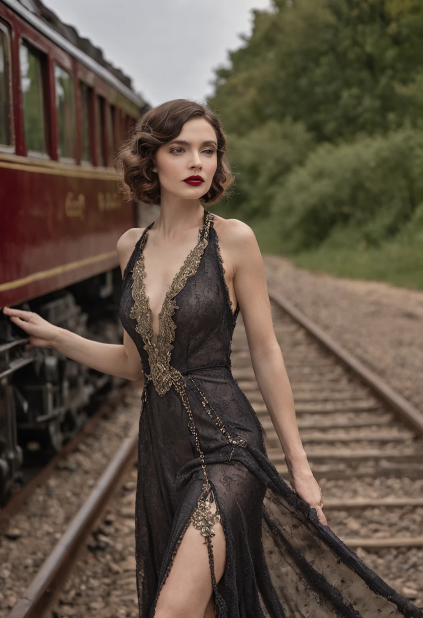 beautiful brunette woman, full body, medium long wavy hair with Californian highlights, dark eyes, perfect face,  40 years old, Vintage Train Station with Tim Walker, Imagine an early 20th-century train station, complete with steam locomotives, antique suitcases, and an aura of nostalgia, 1920s-inspired flapper dress adorned with sequins and tassels, Bold brows, winged eyeliner, and deep burgundy lips, Feathered headband, layered pearl necklaces, and T-strap heels.Camera & Lens: Nikon D850 paired with a Prime 50mm f/1.8 lens.