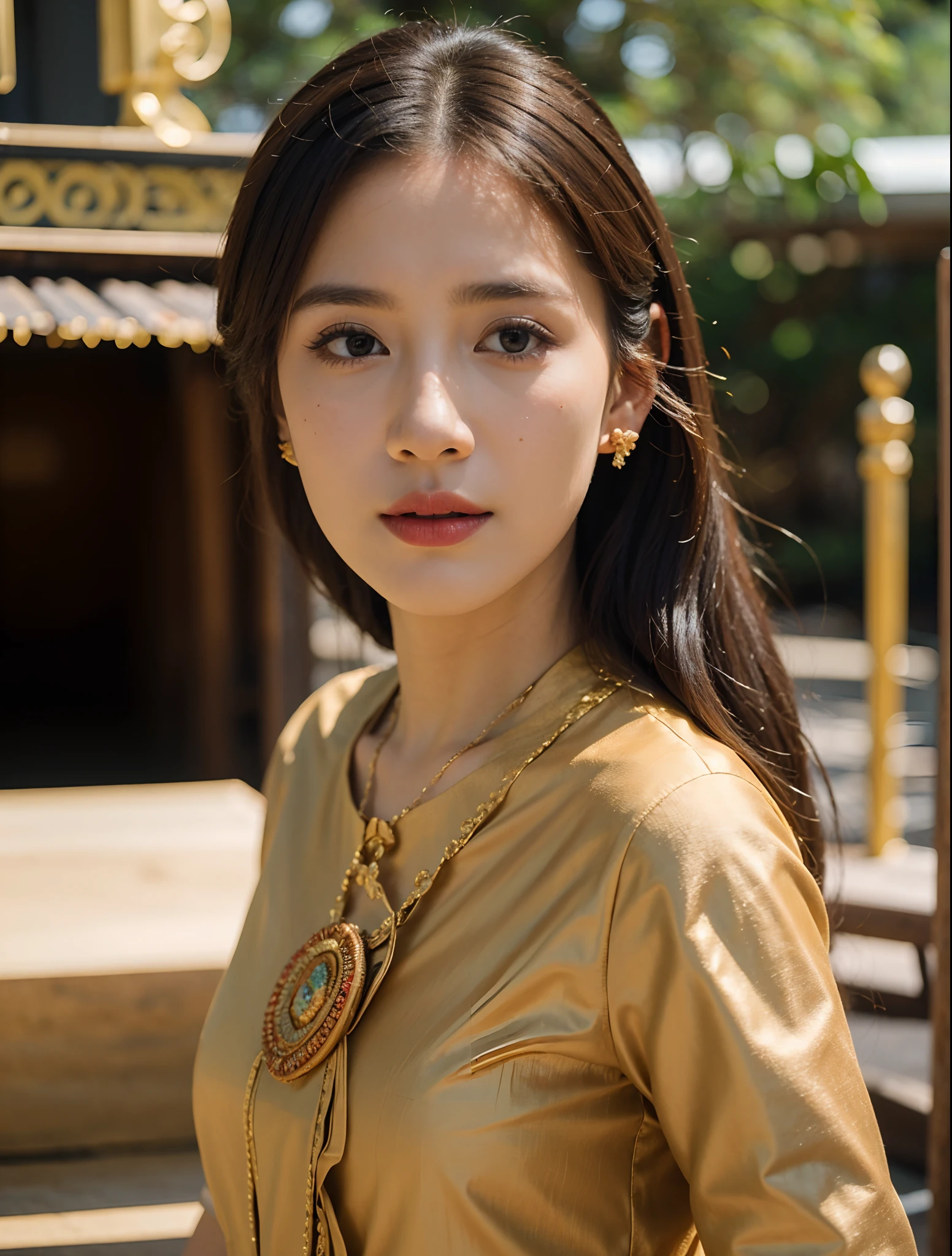 (8k,masterpiece,There's nothing wrong with it., Realistic :1.3), best quality, portrait , Realistic, face focus, 1 woman, brown long hair, Traditional Thai costume , ( comfortable:1.2), temple background, (breeze:1.2),(sun lighting:1.2)