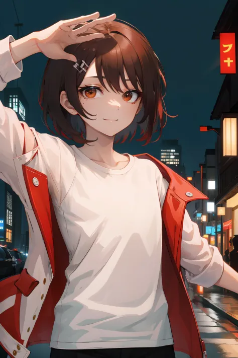 (absurderes, hight resolution, ultra-detailliert, nffsw), masutepiece, Best Quality, 1girl in, Pretty, Very short hair, dark brown hair, Brown Eye, finely eye and detailed face, (White T-shirt), (Red jacket), dimples, Night Street, nightcity, Midnight, sel...