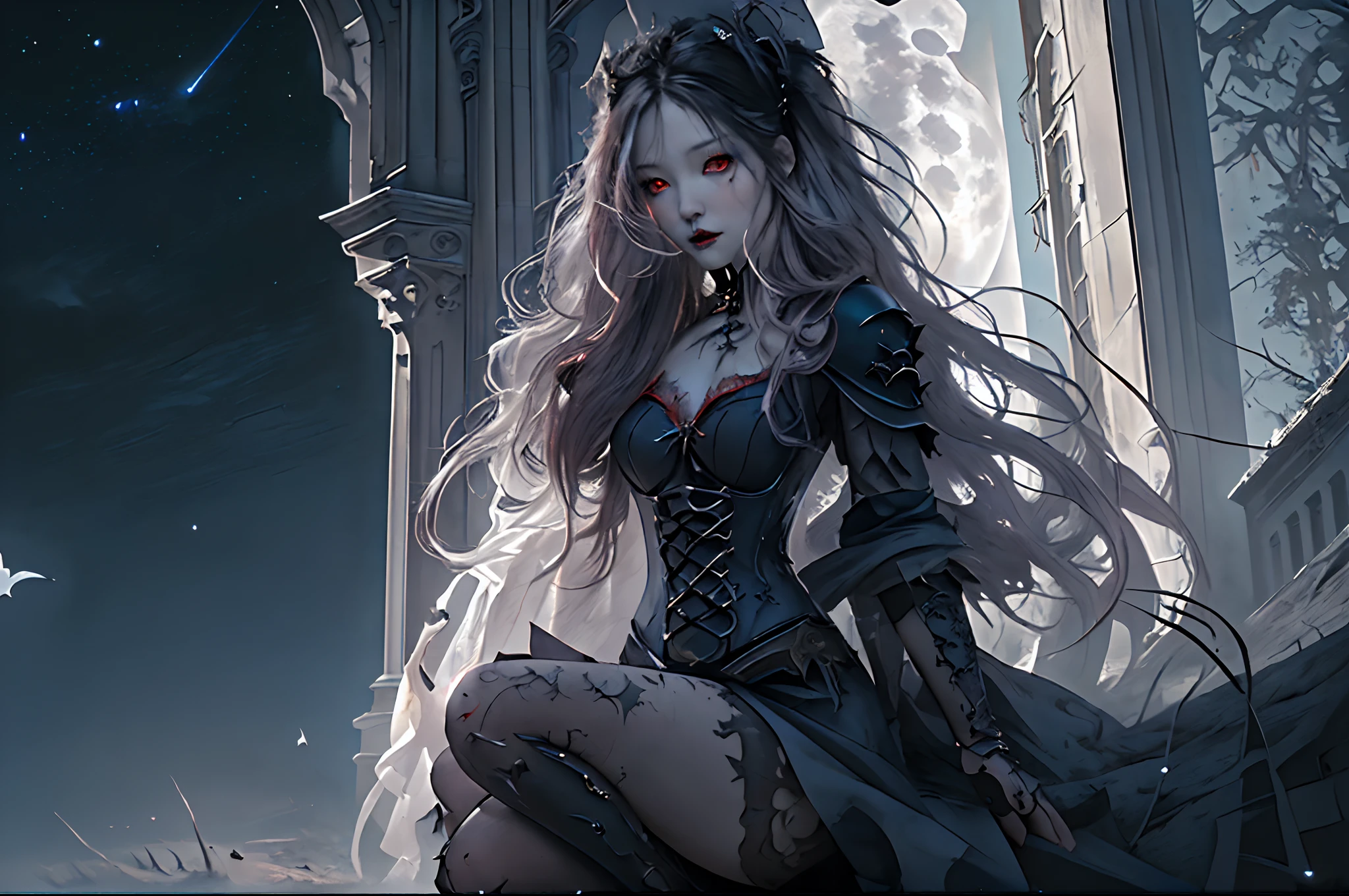 a picture of an exquisite beautiful female vampire standing under the starry night sky on the porch of her castle, dynamic angle (ultra detailed, Masterpiece, best quality), ultra detailed face (best detailed, Masterpiece, best quality: 1.4), ultra feminine, grey skin, red hair, wavy hair, dynamic eyes color, cold eyes, glowing eyes, intense eyes, dark red lips, [fangs], wearing white dress (best detailed, Masterpiece, best quality: 1.5), wearing blue cloak (best detailed, Masterpiece, best quality), long cloak, flowing cloak (best detailed, Masterpiece, best quality), high heeled boots, sky full of stars background, fantasy_night, moon, bats flying about, high details, best quality, 8k, [ultra detailed], masterpiece, best quality, (ultra detailed), full body, ultra wide shot, photorealism, dark fantasy art, dark fantasy art, gothic art, many stars, dark fantasy art, gothic art, sense of dread,
