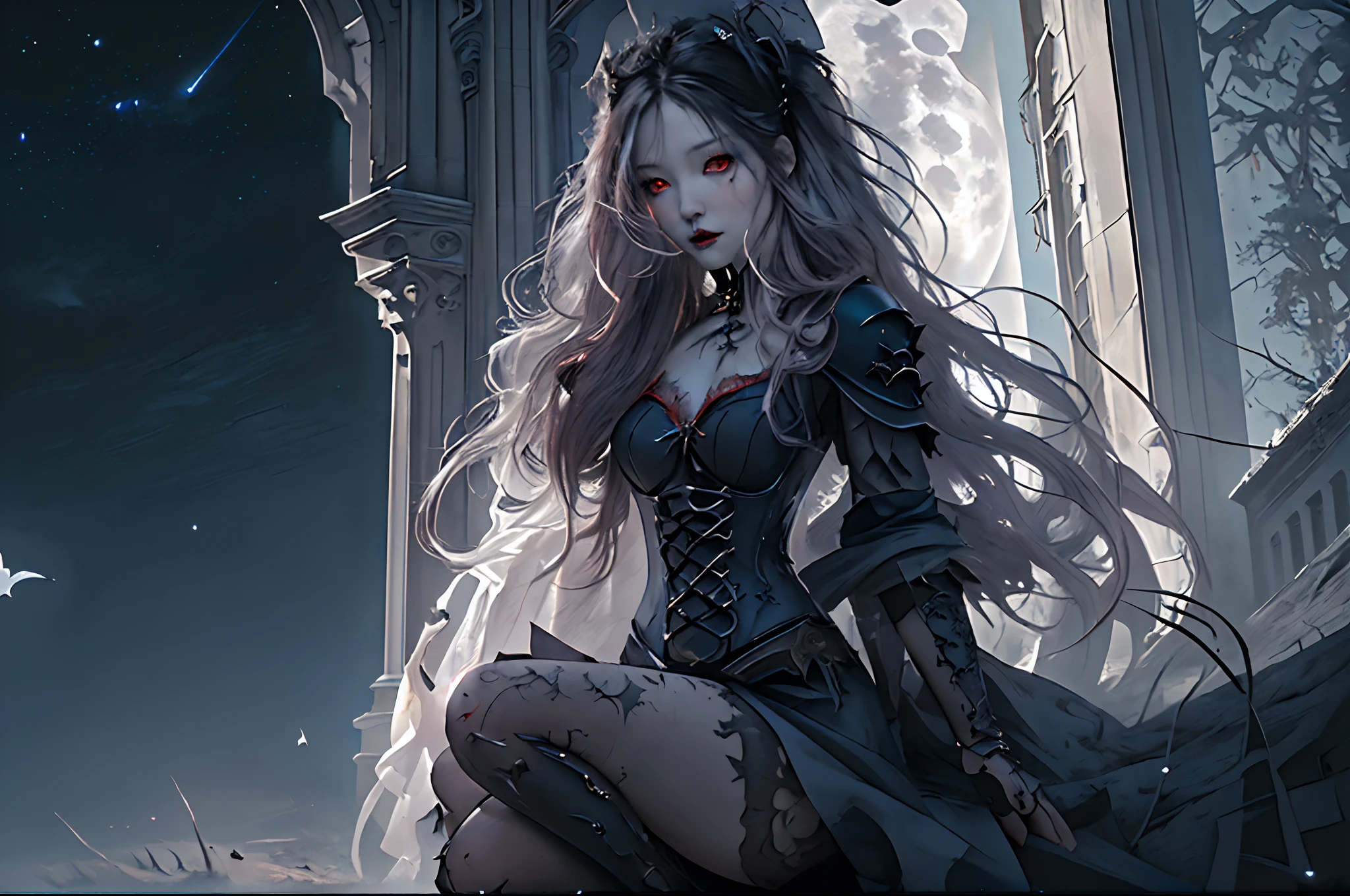 a picture of an exquisite beautiful female vampire standing under the starry 夜 sky on the porch of her castle, ダイナミックアングル (超詳細, 傑作, 最高品質), 超詳細 face (最も詳細な, 傑作, 最高品質: 1.4), 超女性的, 灰色の肌, 赤毛, ウェーブのかかった髪, ダイナミックな目の色, 冷たい目, 光る目, 強い目, 濃い赤い唇, [牙], 白いドレスを着て (最も詳細な, 傑作, 最高品質: 1.5), 青いマントを着て (最も詳細な, 傑作, 最高品質), 長いマント, 流れるようなマント (最も詳細な, 傑作, 最高品質), ハイヒールブーツ, 星がいっぱいの空の背景, ファンタジー_夜, 月, コウモリが飛び回っている, 細部までこだわった, 最高品質, 8K, [超詳細], 傑作, 最高品質, (超詳細), 全身, 超ワイドショット, フォトリアリズム, dark ファンタジー art, dark ファンタジー art, ゴシックアート, 多くの星, dark ファンタジー art, ゴシックアート, 恐怖感,