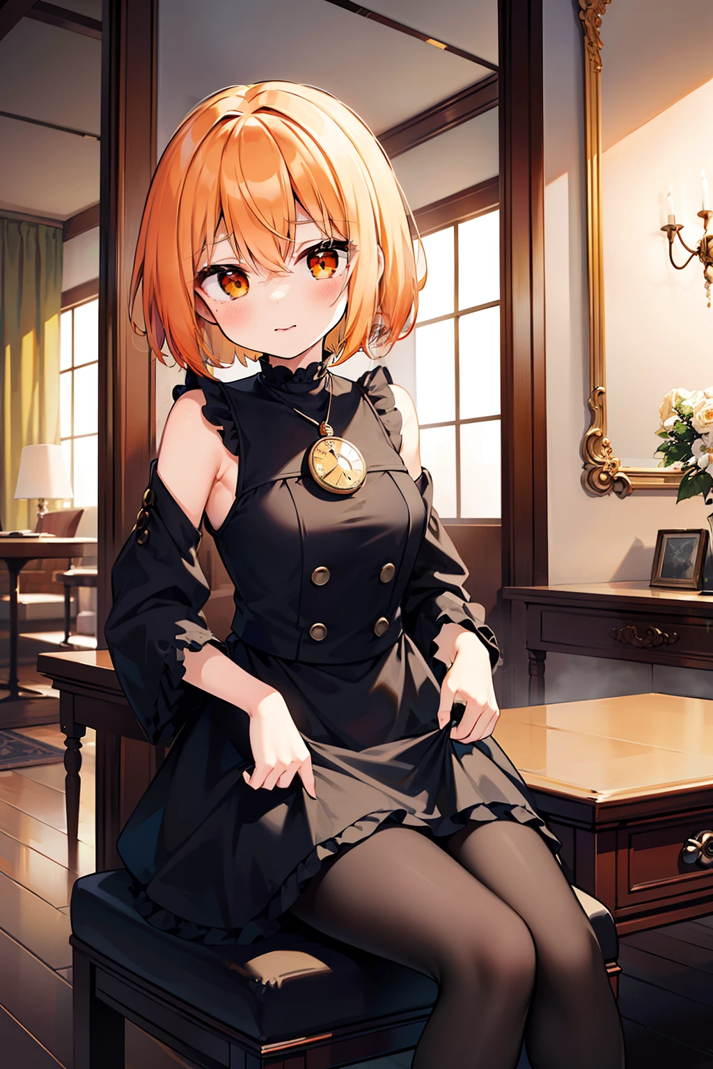 masterpiece, best quality, 1girl, solo, orange hair, short hair, shoulder-length hair, straight hair, orange eyes, round eyes, black dress, long sleeves, frilled, ((holding a pocket watch)), in the room, ((sitting on the chair)), dark, ((many mirrors)), ((broken mirrors)), ((detail face))