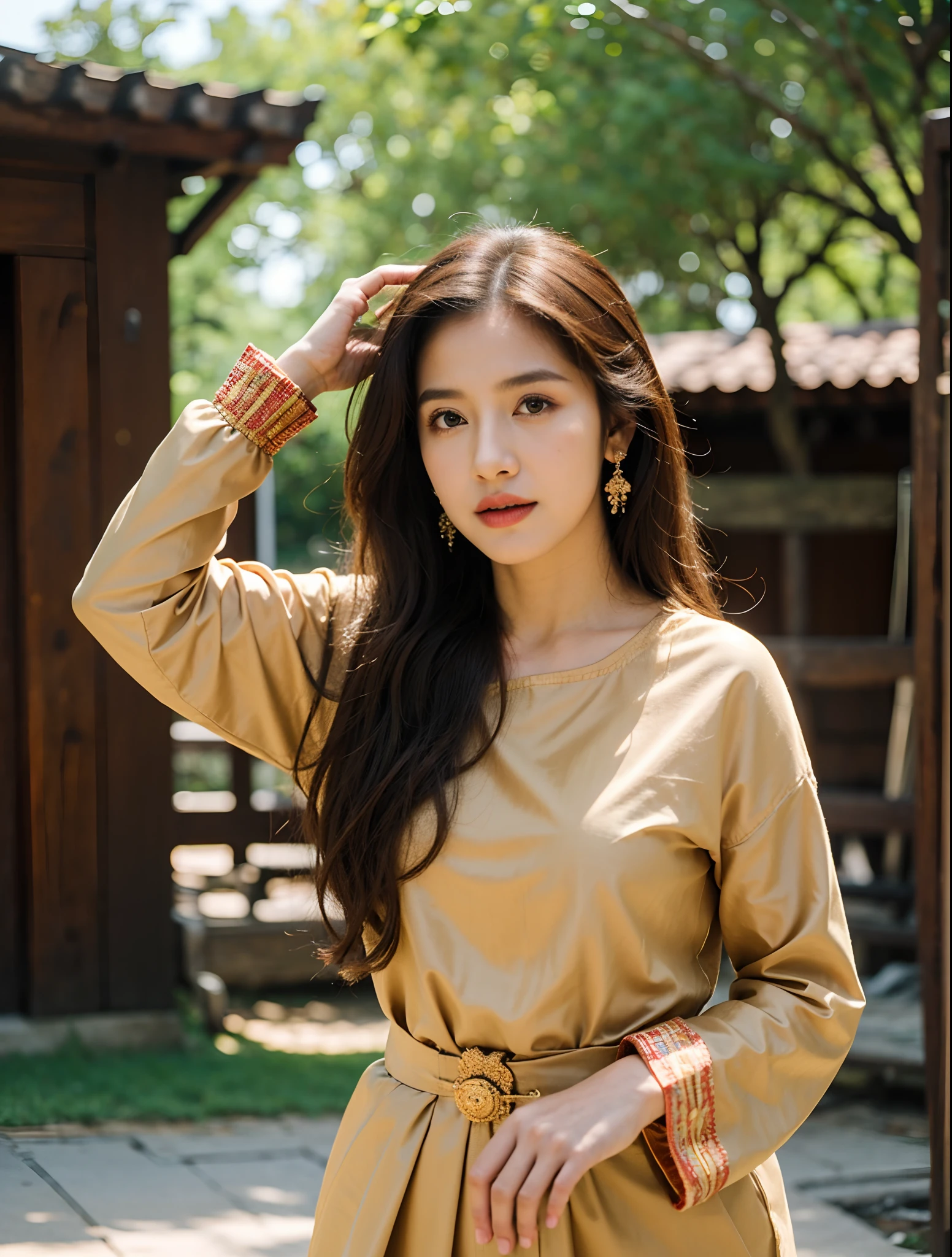 (8k,masterpiece,There's nothing wrong with it., Realistic :1.3), best quality, portrait , Realistic, face focus, 1 woman, brown long hair, Traditional Thai costume , ( comfortable:1.2), temple background, (breeze:1.2),(sun lighting:1.2)