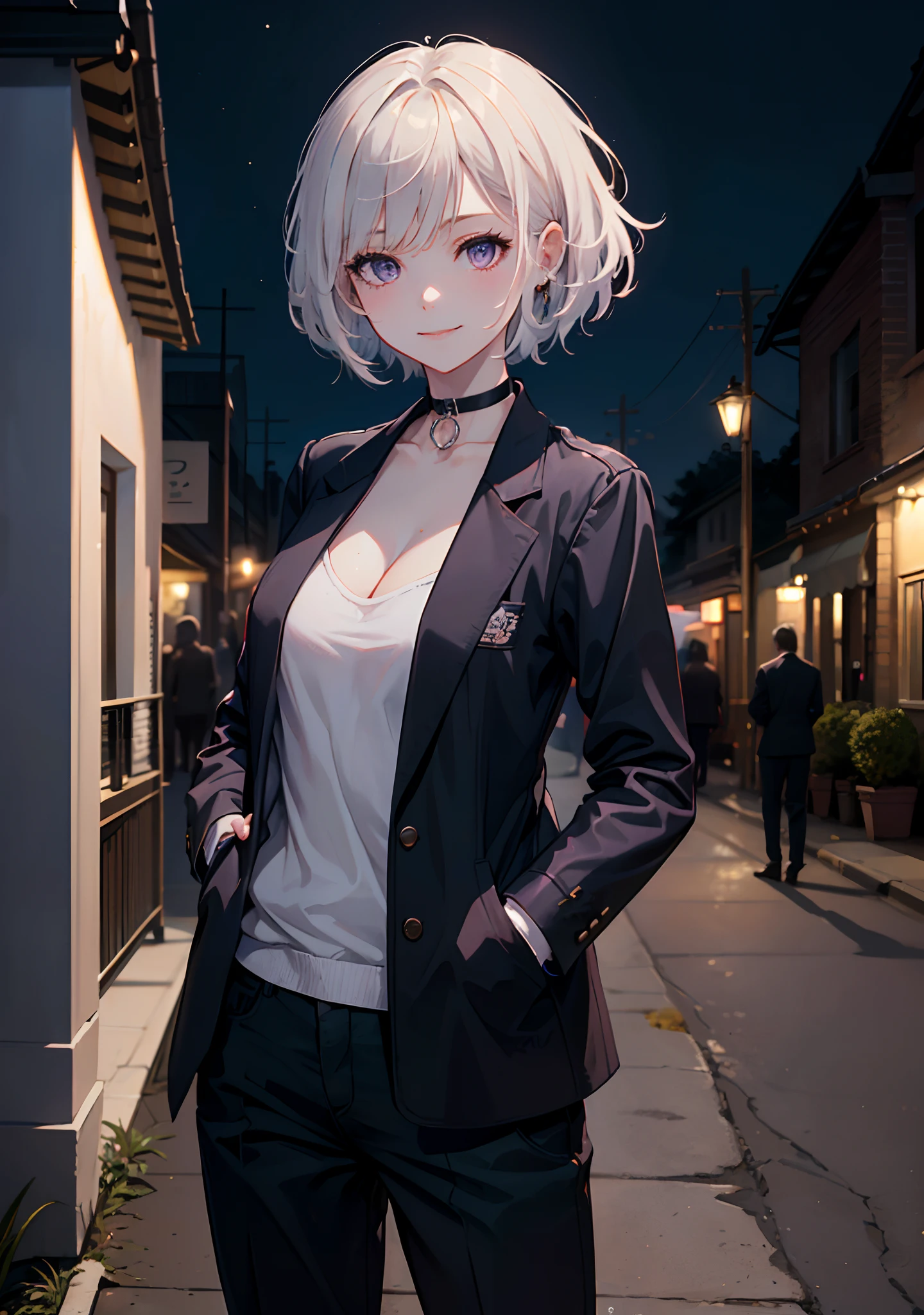 (masterpiece, best quality:1.2), cowboy shot, solo, 1girl, white hair, short wavy hair, purple eyes, average breasts, slender body, light smile, looking at viewer, hand in pockets, formal, suit, (braless), cleavage, black pants, choker, cityscape scenery, street, night light, night time, hand holding cigarette, smoking cigarette,