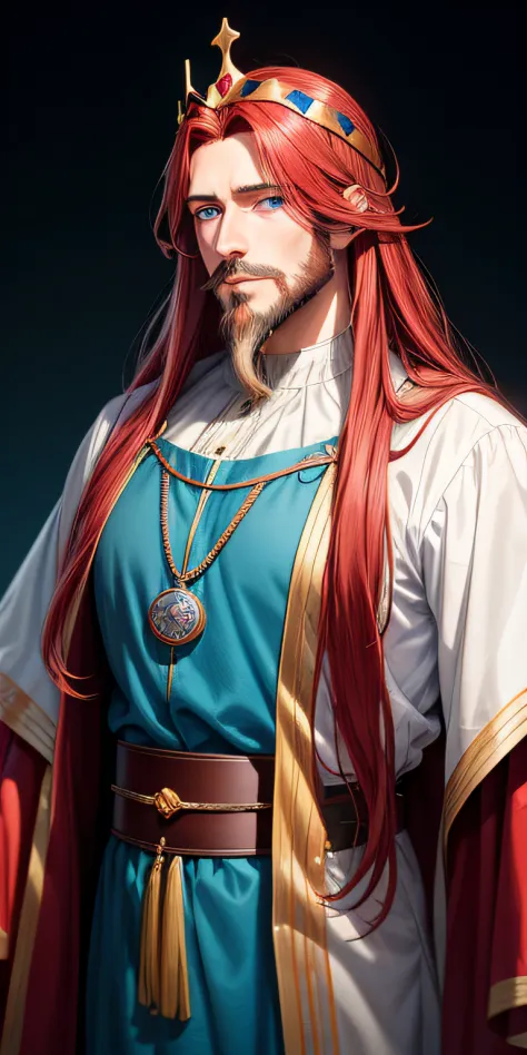 The handsome man with long and sad face, dark red long hair, goatee beard, medieval noble clothes and a wooden crown, light blue...