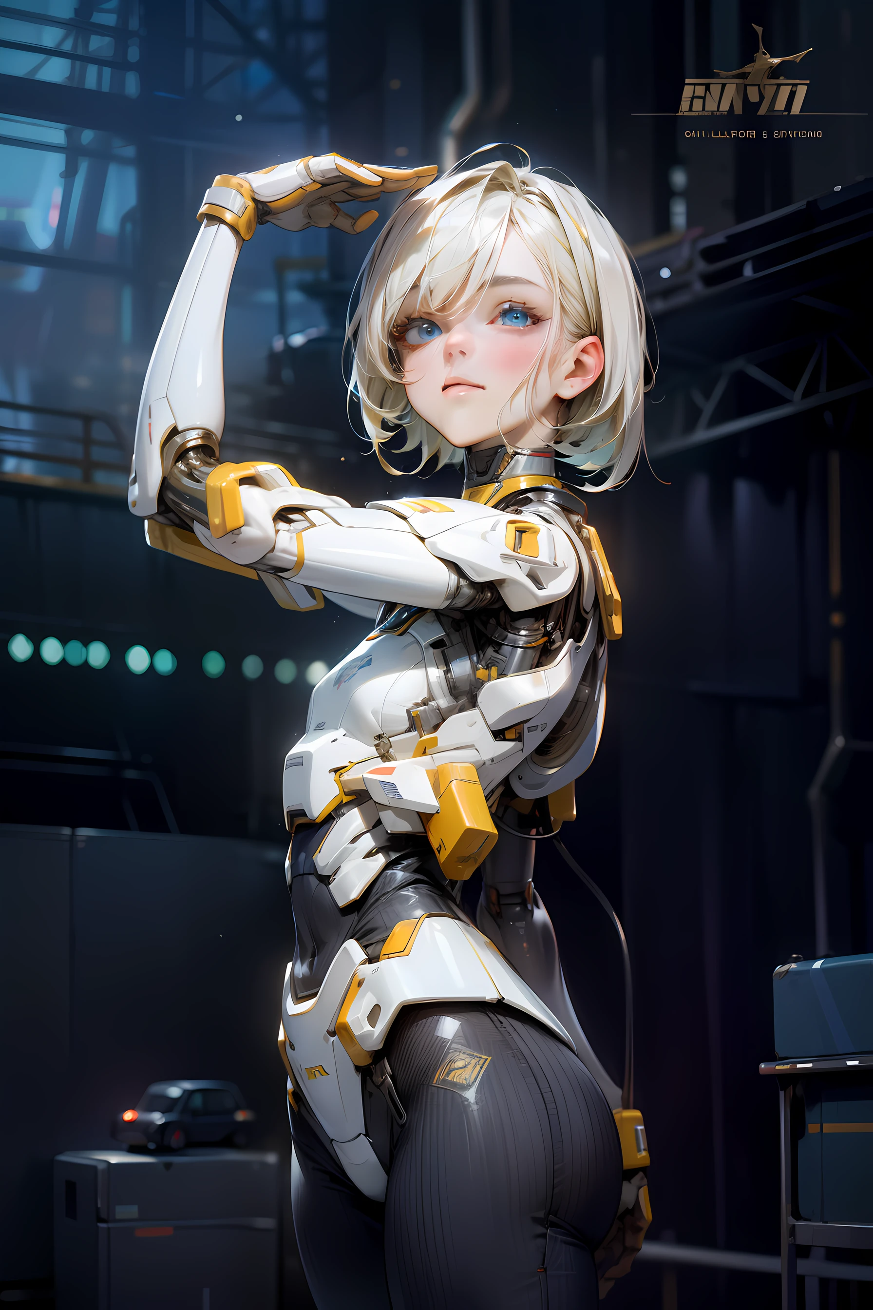 High Quality, Ultra High Resolution, Ultra Realistic, Super Detailed, Robot, mecha, Humanoid, Slim, beautiful, blue eyes, 1girl, yellow hair, short hair, Full Face, Full Body, female, Metallic, Metallic, Luxury, Metallic, One, BREAK, concert stage, detailed background, bokeh, cinematic,